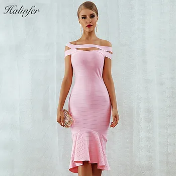 

Halinfer 2018 New summer women dress sexy bodycon slash neck striped bandage dress celebrity party pink fishtail dresses vestido