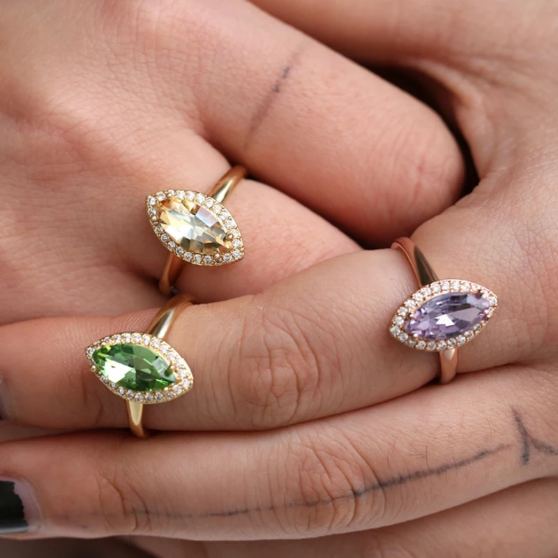 

Champagne Green Purple Horse eye Crystal AAA CZ finger ring size 6 7 8 9 10 Ladies Engagement Wedding Anniversary Party jewelry