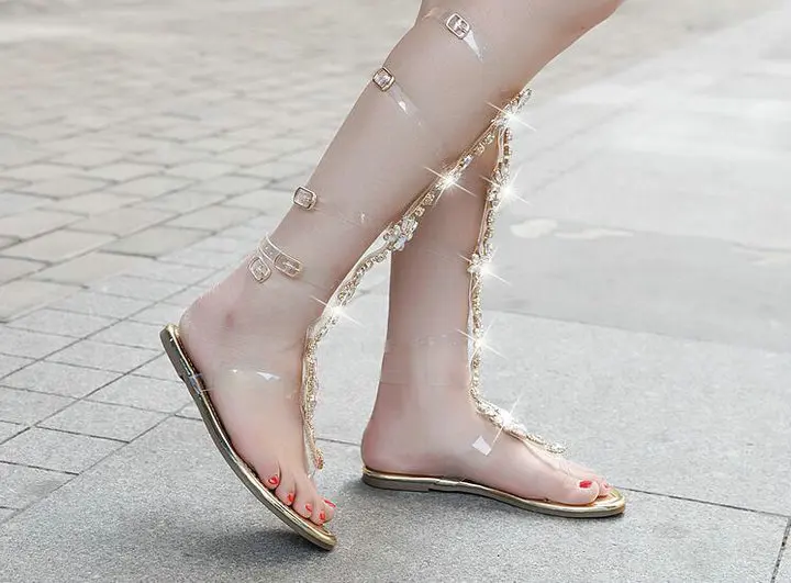 Пикантные женские летние сандалии на плоской подошве; сандалии-гладиаторы до колена с золотыми стразами; сандалии богемного стиля; пляжная обувь с кристаллами; большие размеры 43