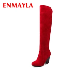 ENMAYLA Fashion High Heels Long Boots Women Flock Round Ladies Knee High Boots Shoes Woman Winter Faux Suede Black Red Boots asumer fashion new arrive women boots black flock ladies boots zipper embroider super high shoes platform knee high boots