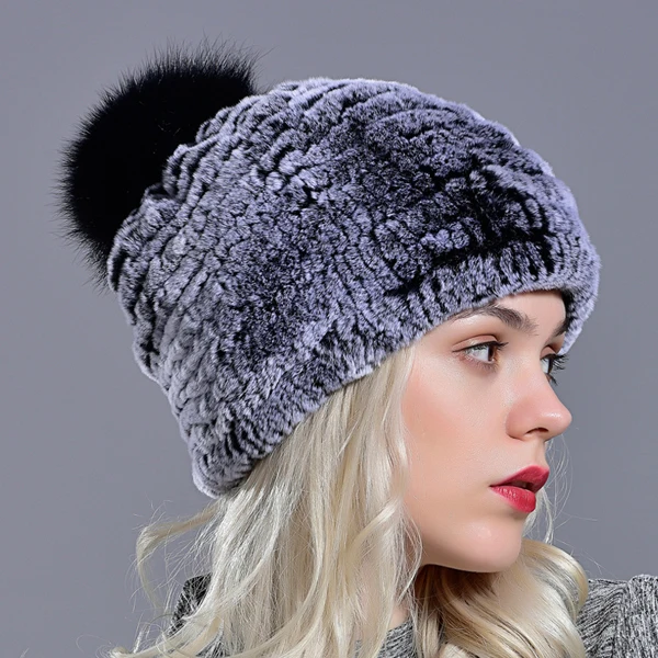 rabbit fur pompom hat women's beanies winter natural fur warm knitted caps for girls female fashionable elastic ladies hats - Цвет: GreyBlack