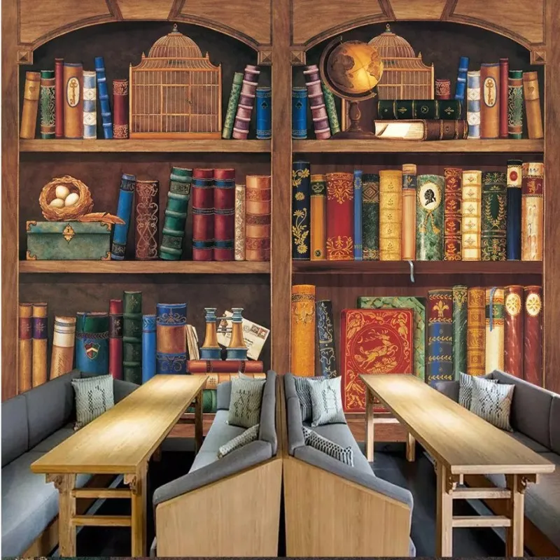 

Custom Photo Wallpaper 3D European Style Retro Sofa TV Background Bookcase Books Bookshelf 3D Living Room Wallpaper