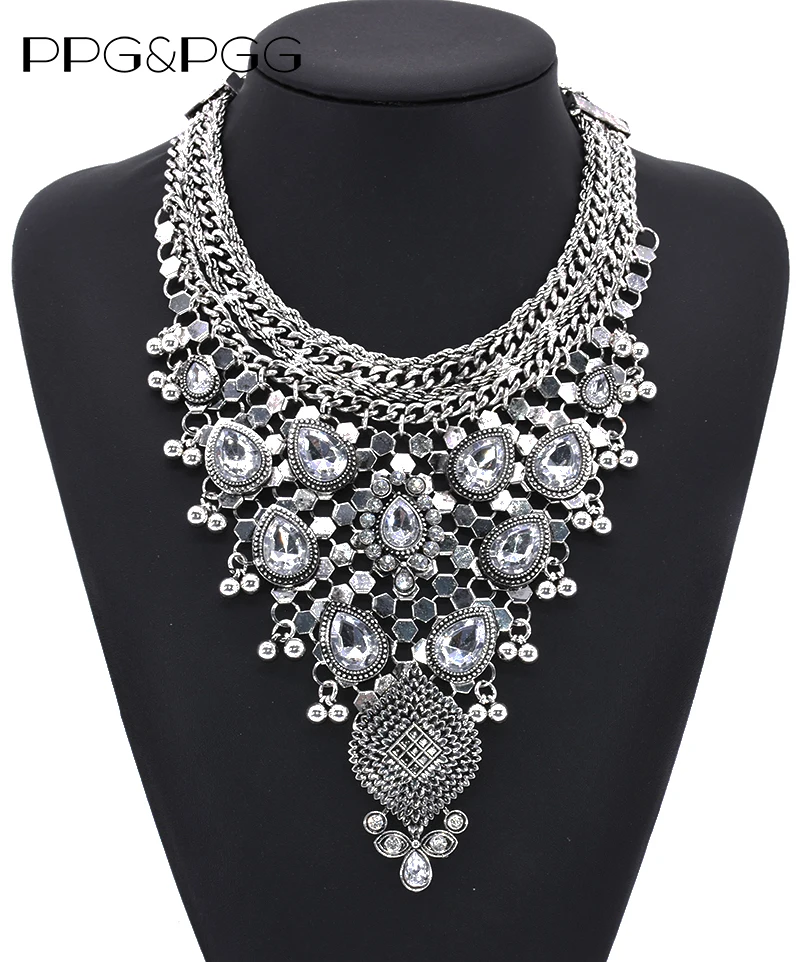 PPG&PGG 2019 New Full Crystal Gem Luxury Bridal V Shaped Rhinestone Vintage Maxi Statement Necklace Collar Women Antique Bijoux