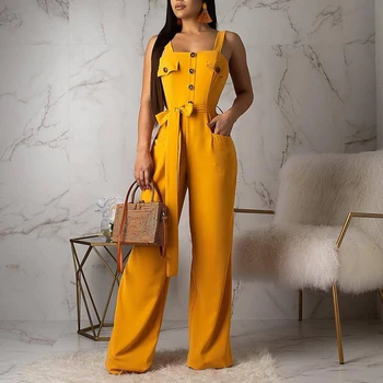 

Spaghetti strap button wide leg pants jumpsuit women 2019 Sashes long jumpsuit pants Summer 2019 casual loose rompers overalls