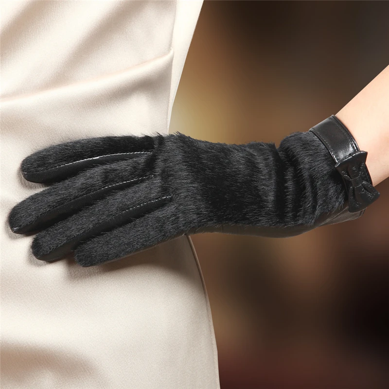 US $21.74 2020 New Leather Gloves Female Winter Warm Plush Lined Fashion Fur Bowknot Women Lambskin Leather Gloves L152nc1