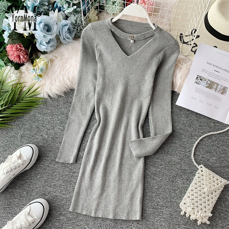

YornMona Hollow Out V Neck Long Sleeve Dress 2019 New Chic Slim Pencil Short Dress Elegant Ladies Office Dress Vestidos Mujer