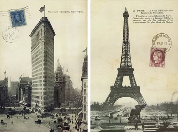 

Eiffel Tower and Flatiron Building Postcard Canvas Frameless Painting, Vintage Combination Wall Pictures for Home Decor