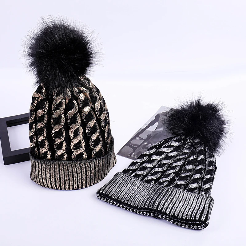 

2018 Winter Adult Silver Snap Fastener Knitted Beanies Women Bronzing Faux Fur Pom Pon Skullies Caps Teenager Warm Fold Hat