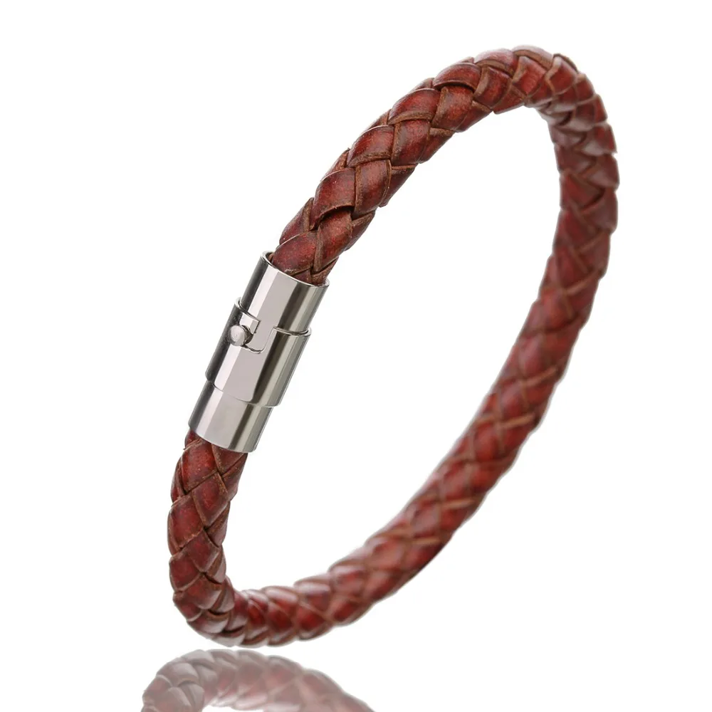 Para hombres Genuino Cuero Marrón Plano Trenzado Muñequera Brazalete Broche De Acero Inoxidable
