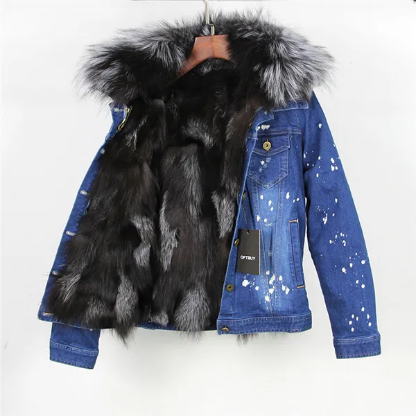 Бренд, натуральный Лисий мех, осенне-зимняя куртка, пальто, женская джинсовая куртка с дырками, настоящий большой мех енота, воротник, Толстая теплая подкладка - Цвет: sliver