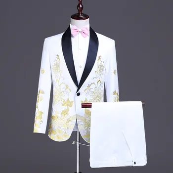 

HO 2020 the bridegroom embroidery wedding suit Embroidered satin shawl collar male costumes Performing a suit