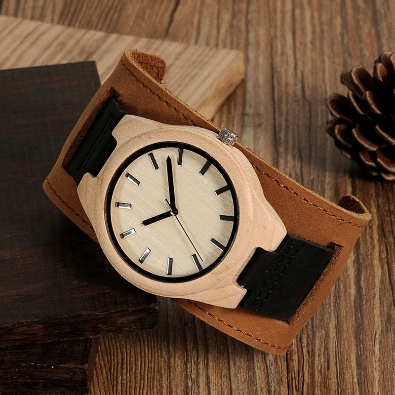 BOBO BIRD Round Vintage Men's Watches Bamboo Maple Top Luxury Brand Genuine Leather Wristwatches Dress Watches For Men