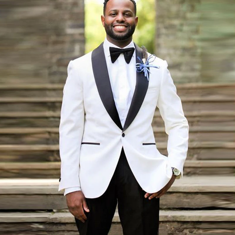 

White Slim Fit One Button Mens Groom Tuxedo Wedding Suit Jacket+Pants 2 Pieces Best Man Groomsmen Suit
