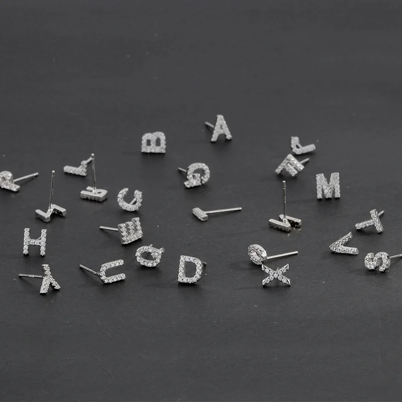 

ANENJERY DIY Jewelry 1 Pair 925 Sterling Silver Earrings For Women Zircon A~Z 26 English Letters Stud Earring S-E868