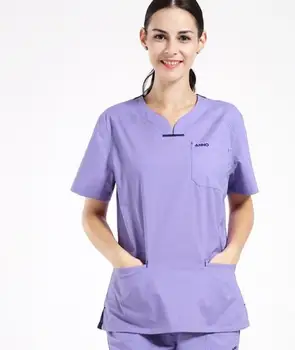 

New Medical Doctor Nurse Uniform Women Short Sleeve Hospital Lab Scrub Set Surgical Operation Overalls Grey Purple High End