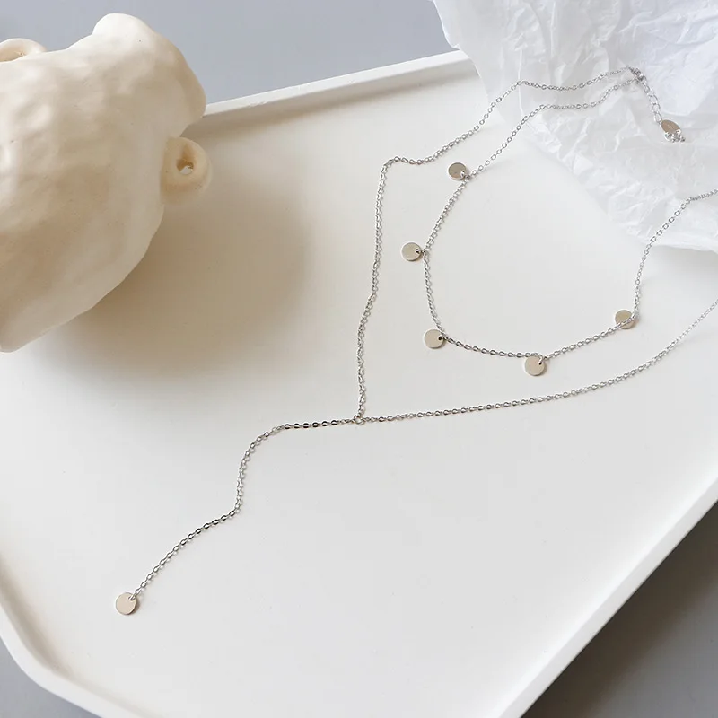 

925 Sterling Silver Necklace Link Simple Double-layer Geometric Round Tassel Necklace Fine Jewelry Necklaces & Pendants WDN002