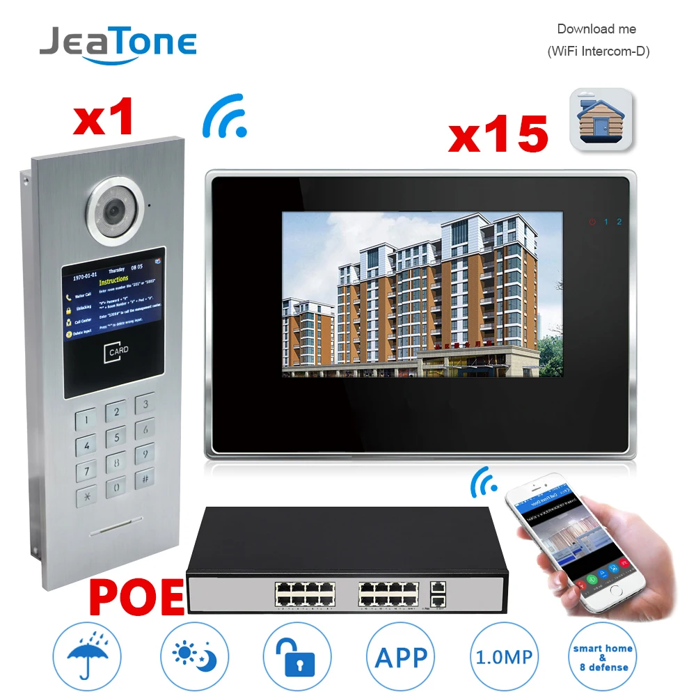 7 ''сенсорный экран wi fi IP видео домофон + POE коммутатор 15 этажей здание система контроля доступа Поддержка Пароль/IC карты