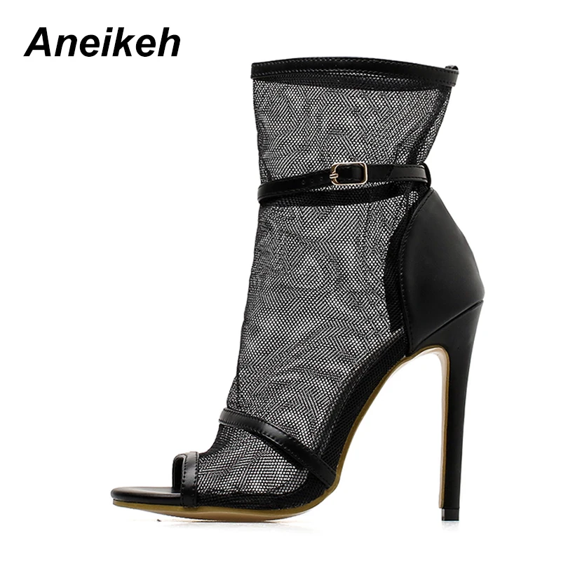 Aneikeh/летние сандалии-гладиаторы из сетчатого материала; пикантные босоножки для вечеринок на высоком тонком каблуке с открытым носком; женская обувь; Цвет Черный; Размеры 35-40