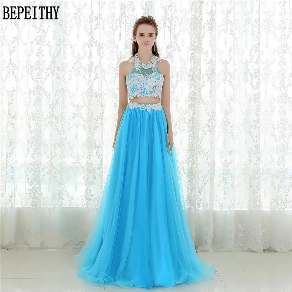 

BEPEITHY New Design 2019 Long Two Pieces Prom Dresses Vestido De Festa Longo Lace Light Blue Tulle Prom Evening Party Dresses