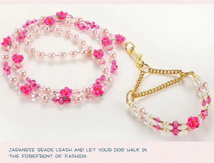 

Luxury Dog Puppy Collar Leash Set with Fimo Rose Flowers Pets Pearls Leash Lead