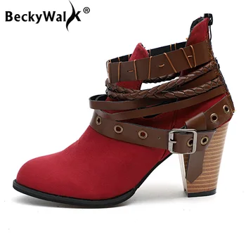 

Autumn Women's Boots Fashion Women High Heels Shoes Woman Rivet Buckle Bota Feminina PU Leather Ankle Boots Women Shoes WSH3398