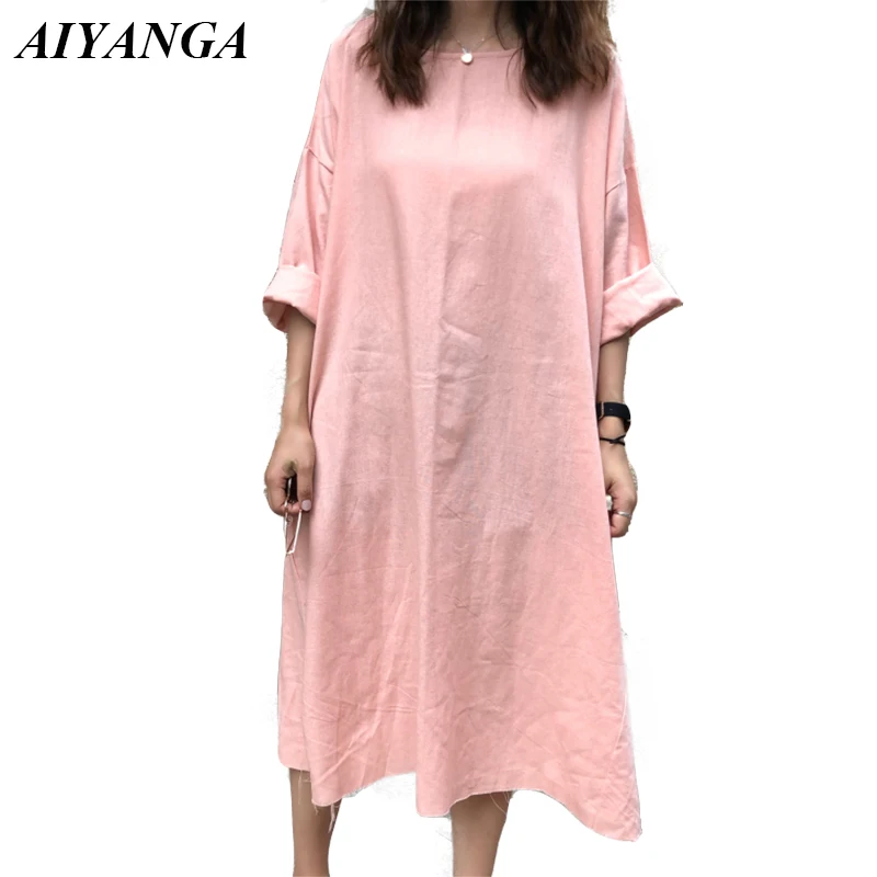 AIYANGA 2018 Solid Casual Dress Female Loose Medium Long Sleeve O Neck Summer Autumn Big Size Dresses For Woman | Женская одежда