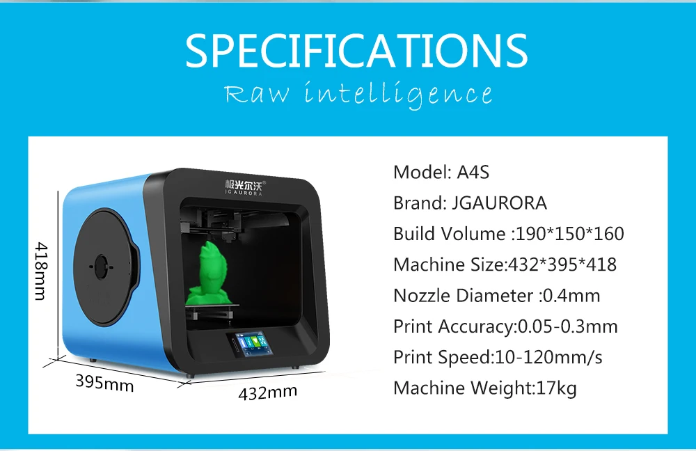 JGAURORA A4S Детский 3d принтер Удобный пользовательский дизайн одно сопло сбой питания