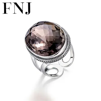 

FNJ 925 Silver Round Ring Natural Smoky Quartz Stone Original S925 Sterling Silver Rings for Women Jewelry Adjustable Size