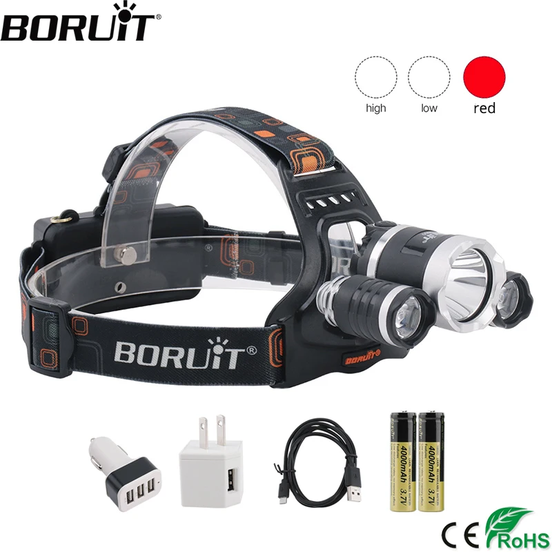 

Boruit linterna cabeza Headlamp XML T6 +XPE RED LED Headlight 5000 Lumens 3 Mode Rechargeable Hunting Head Light 18650 Charger
