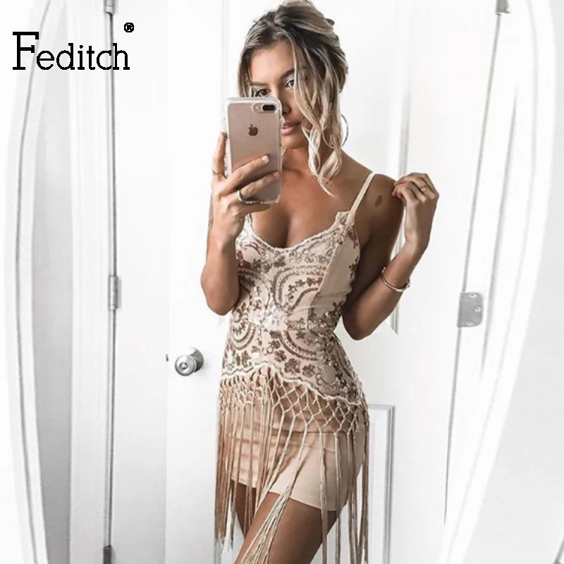 

Feditch Sexy Sequin Dress Women Sexy V Neck Mini Women Dress Elegant Fringe Tassels Fashion Bodycon Dress Party Lady Vestidos