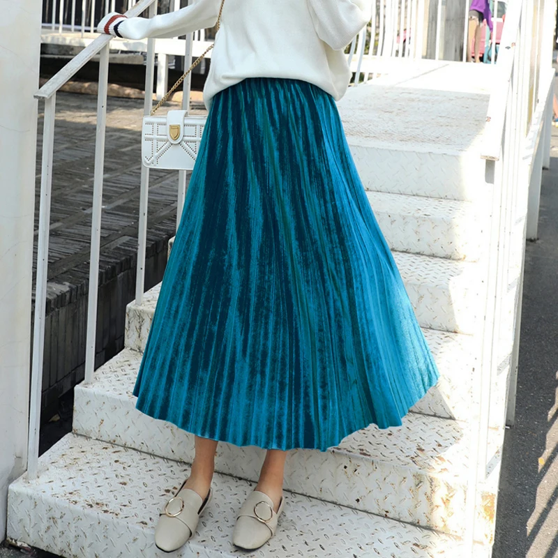 

Fashion Autumn Velvet A-line Women Skirt High Elastic Waist Flare Pleated Knee-length Skirt Casual Female Bottoms 2018