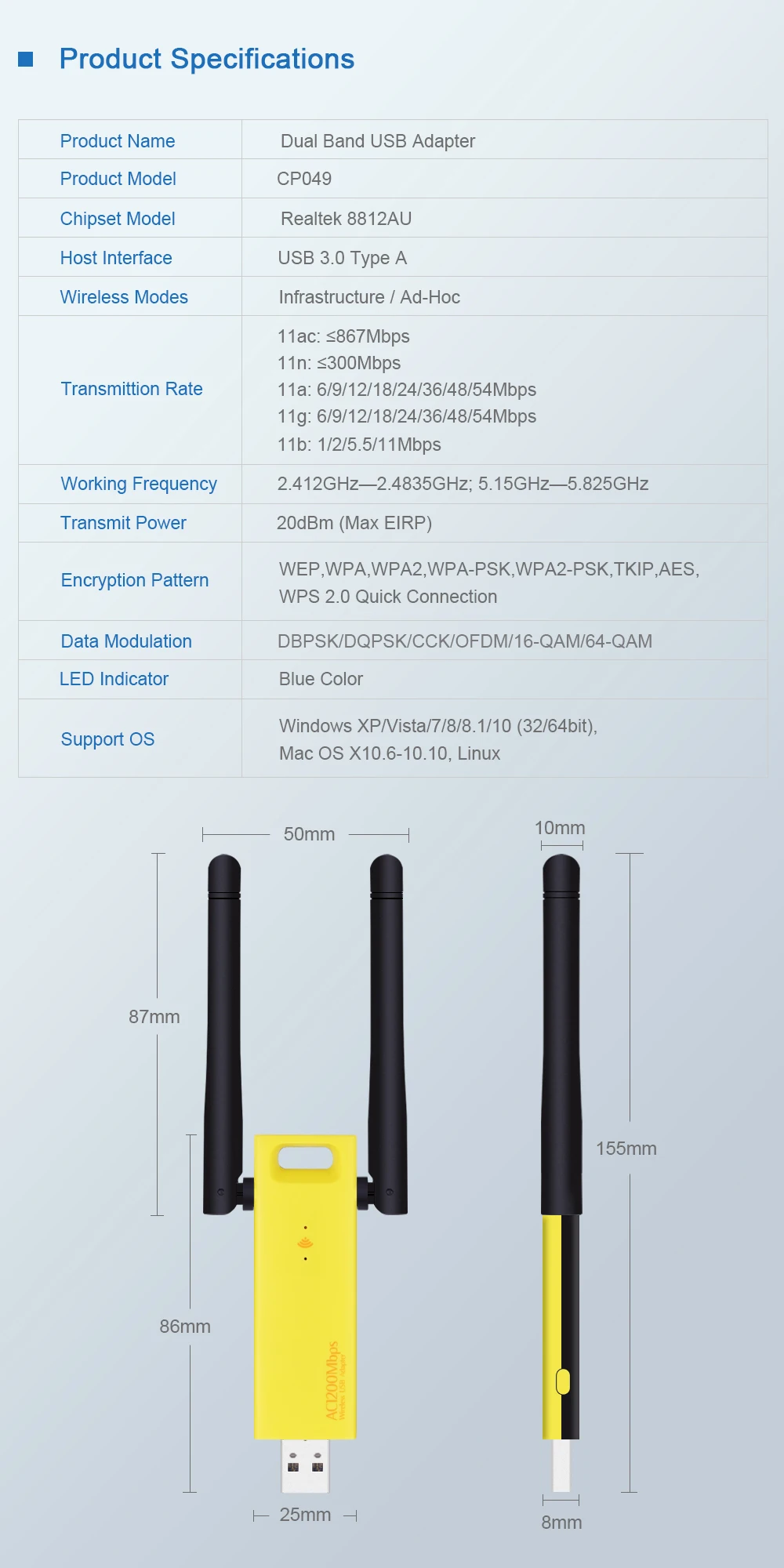 CHIPAL 1200 Мбит/с USB 3,0 WiFi адаптер 2,4 ГГц 5,0 ГГц Внешняя беспроводная сетевая карта 4dbi антенна PC LAN Wi-Fi приемник 802.11AC