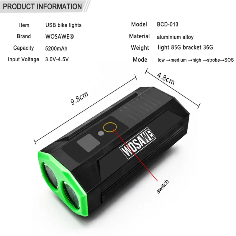 WOSAWE 2400 lumen cycling bicycle lights mtb bike LCD display LED driving lights battery mobile power bank usb front flashlights WOSAWE 2400 lumen cycling bicycle lights mtb bike LCD display LED driving lights battery mobile power bank usb front flashlights