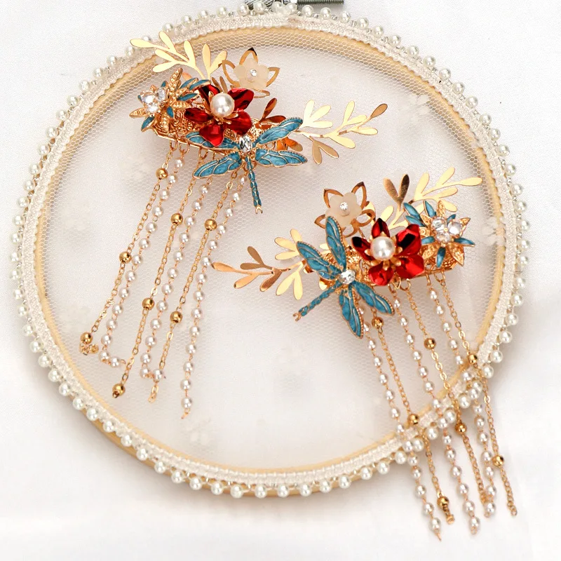 

Chinese wedding cheongsam ancient costume hairpins headdress with fringed hair clips bridal hair accessories crown wholesale
