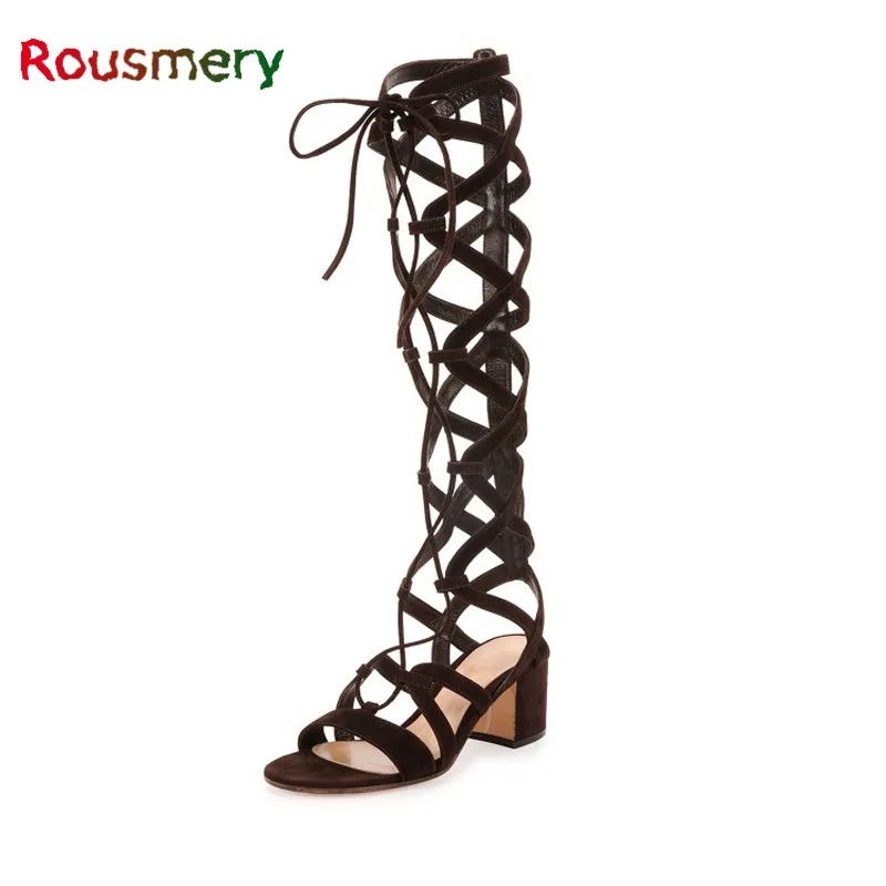 Open Toe Cool Sexy Cross-tied Hollow Rome Style Sandals Casual Solid Lace Up Gladiator Sandals Chunky Square Heel Women Shoes