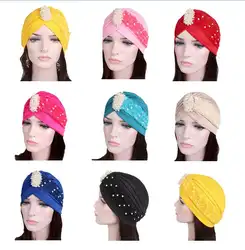 Новый Для женщин жемчуг тюрбан шляпа с цветочным мусульманских индийский головной убор Underscarf арабских Обёрточная бумага Шапки Исламская