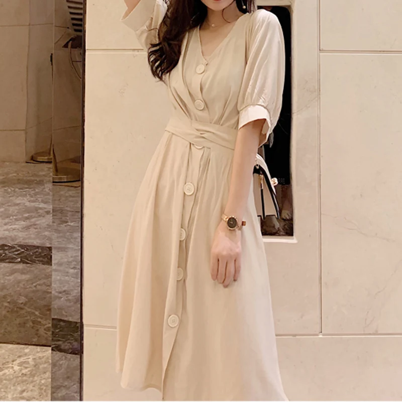

Fashion V-neck Cross Bandage Dress Women Summer High Waist Slim Party Dress Elegant Female Short Sleeve Button Dress Vestidos