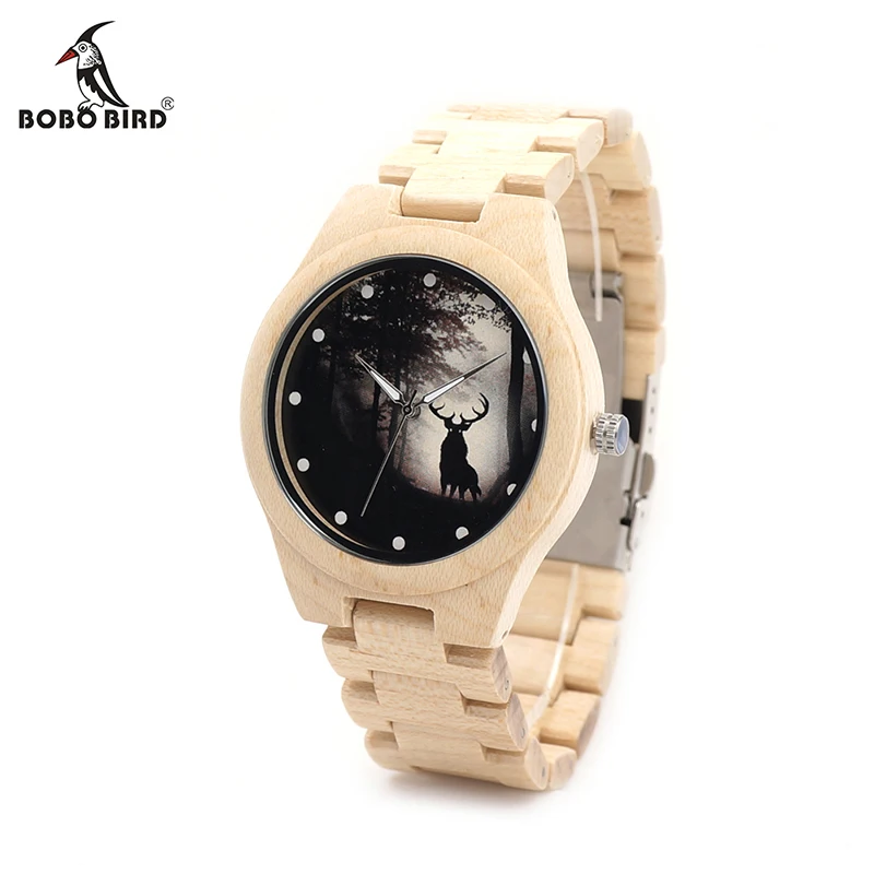 ФОТО BOBO BIRD H02 Wooden Watches Black Deer Dial Top Brand Luxury Pine Mens Wooden Watches Maple Wood Band Quartz  Watch for Men