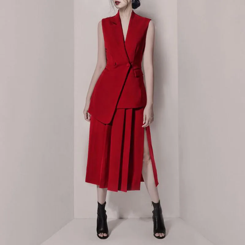 

2019 Spring Runway Suits Women Double Breasted Sleeveless Blazer & Pleated Skirt 2 Piece Set OL Female Red