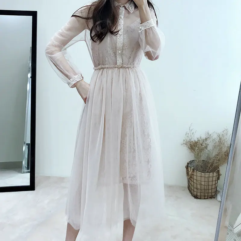 2PCS Elegant Women Pleated Long Sleeve Pearl Button Lace Flower Tulle ...