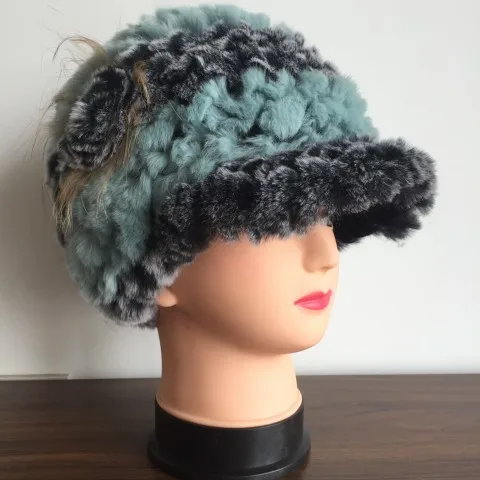 Женская натуральная шапка из меха кролика рекс для женщин модная брендовая вязаная меховая шапка KAH413 - Цвет: lightgreen grey