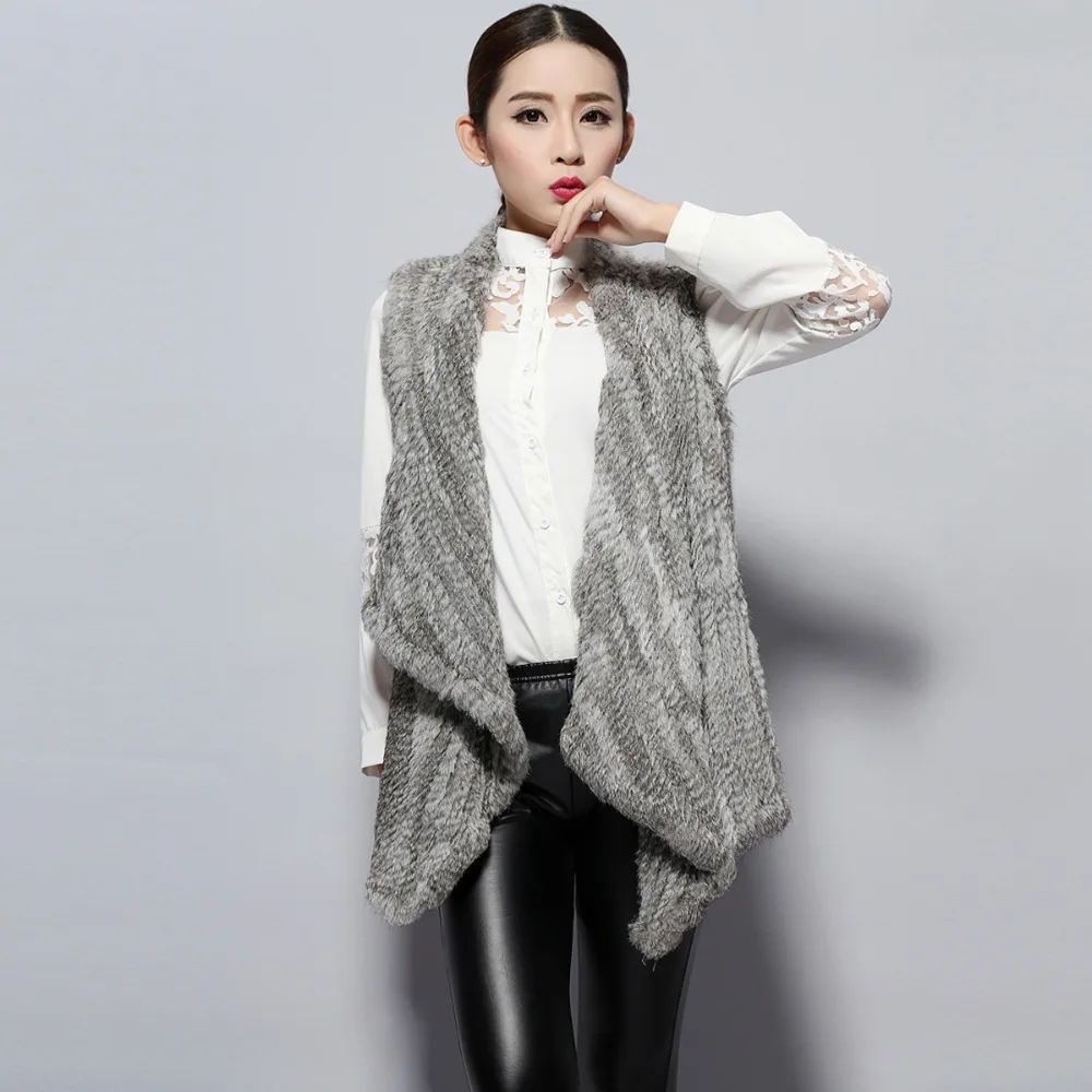 

New knitted Real rabbit fur vest street style long vest casual waistcoat jacket spring women vest 13019