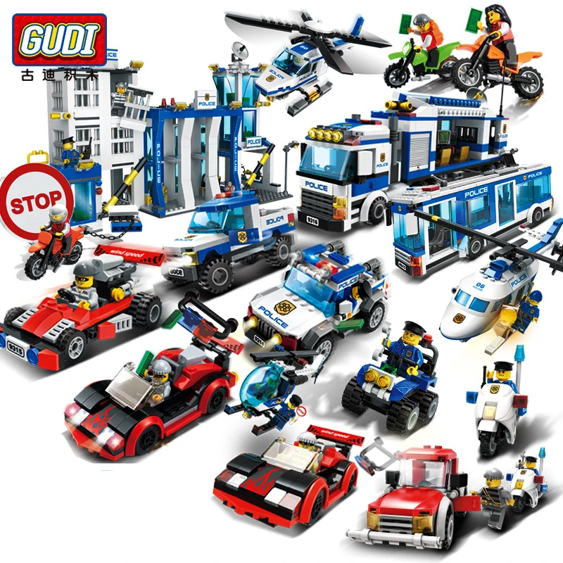 

Gudi Police Bus Compatible Legoed City Building Blocks SWAT Military Station Pickup Car Prison Criminal Figures Bricks Kids Toys