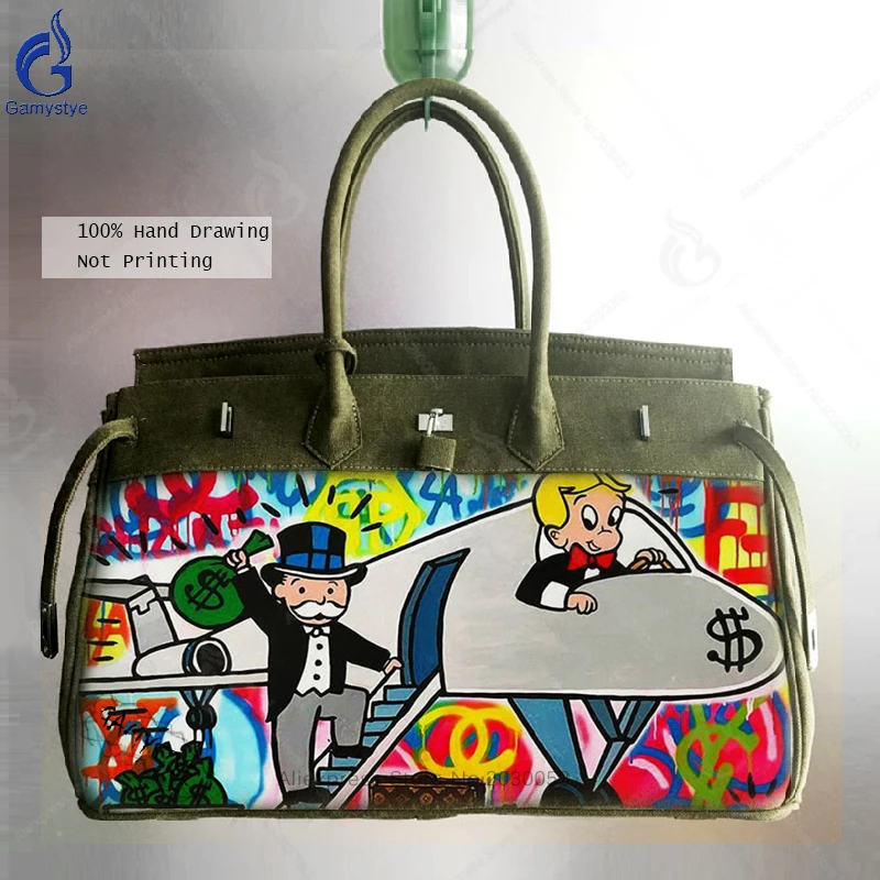 

Gamystye 2018 New Design Hand Painted Alec Monopoly Art Bags Luxury Handbags Women Bags Designer Canvas Crossbody Messenger Bags