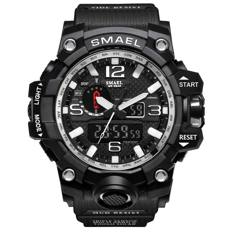 SMAEL Brand Men`s Sports Watches Dual Display Analog Digital Clock LED Electronic Quartz Wristwatches Waterproof Military Watch