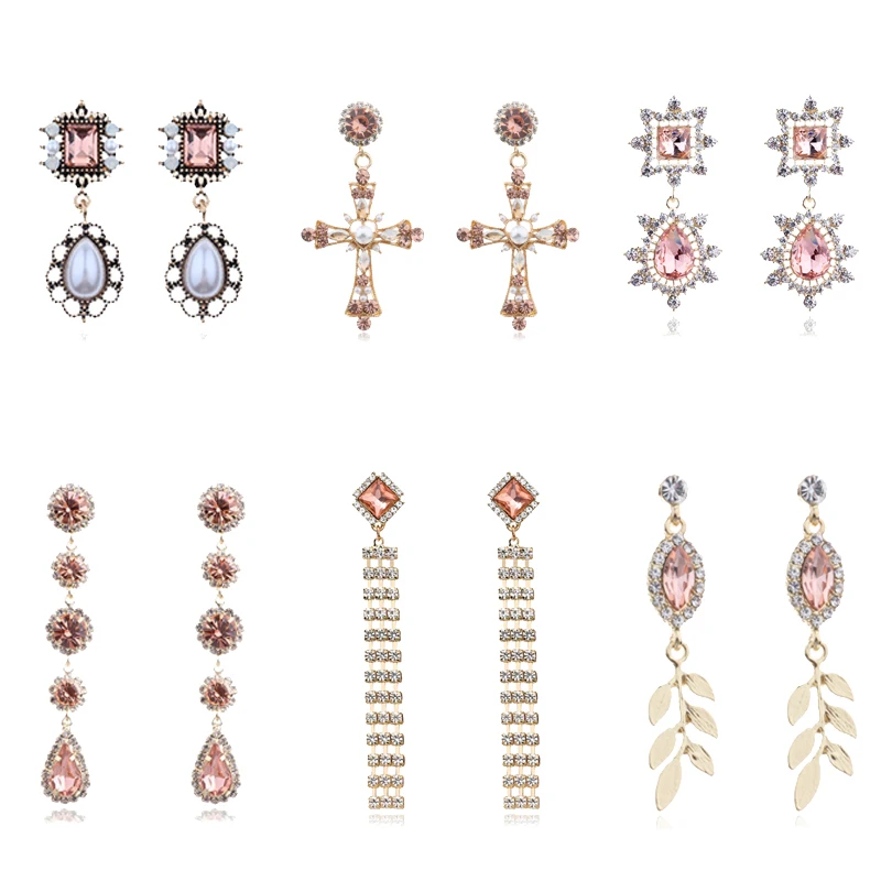 

New Fashion Women Korean Champagne Baroque Crystal Heart Drop Earrings Rhinestone Tassel Water Drop Flower Pendientes Jewelry