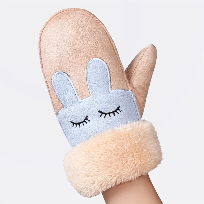Зимние перчатки для мальчиков и девочек с кроличьим мехом, ветроустойчивые теплые перчатки из искусственной замши, длинные перчатки