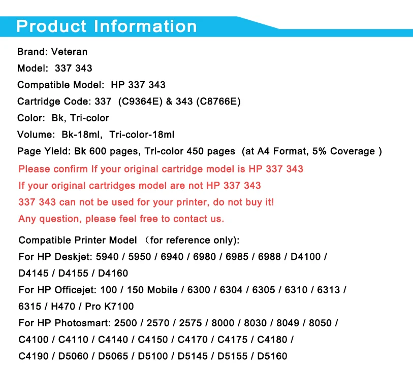 Ветеран картридж Замена для hp 337 черный C9364E и 343 Цвет C8766E Photosmart 8049 8050 8050xi C4100 C4140 C4150