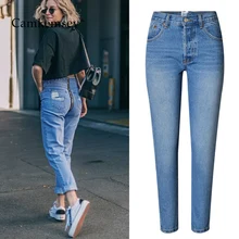 CamKemsey, базовые хлопковые джинсы с высокой талией, женские джинсы,, весна-осень, модные, рваные, сексуальные, с молнией сзади, прямые джинсы