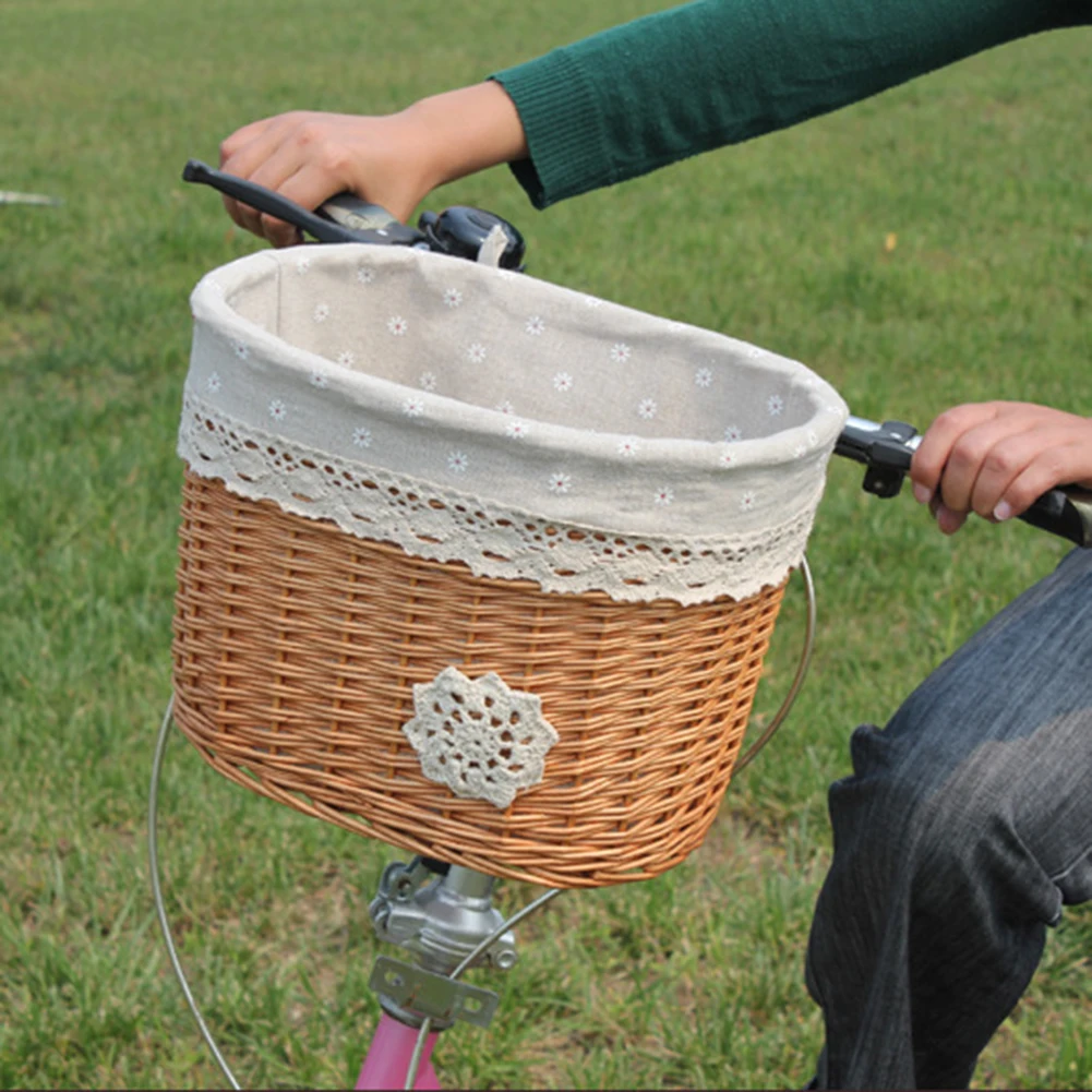 Best Linen Lining Bicycle Basket Folding Wicker Front Handlebar Bike Basket Electric Bicycle Basket 4